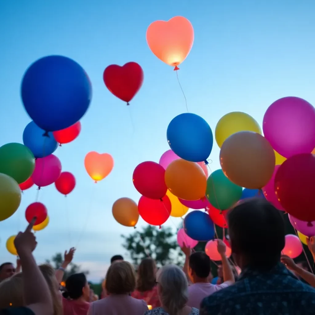 Community members releasing balloons in memory of Sekya Smith.