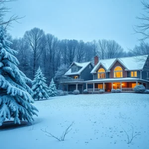 A snowy landscape in Georgia with a cozy home