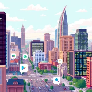 Digital illustration of Atlanta city with social media icons