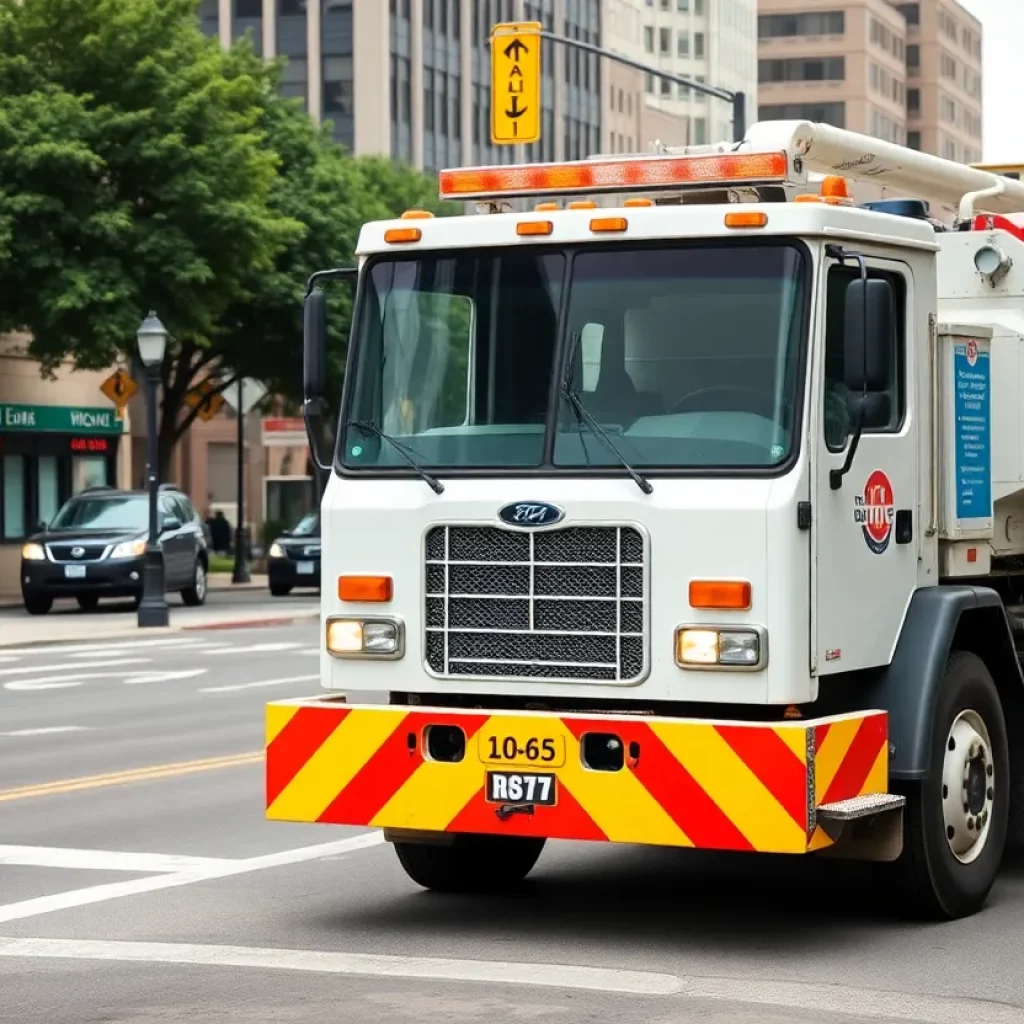 City street in Atlanta with public works vehicle and community elements