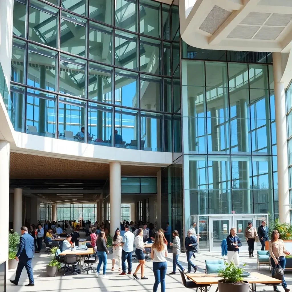 Office market in Atlanta showing recovery with people and modern buildings.