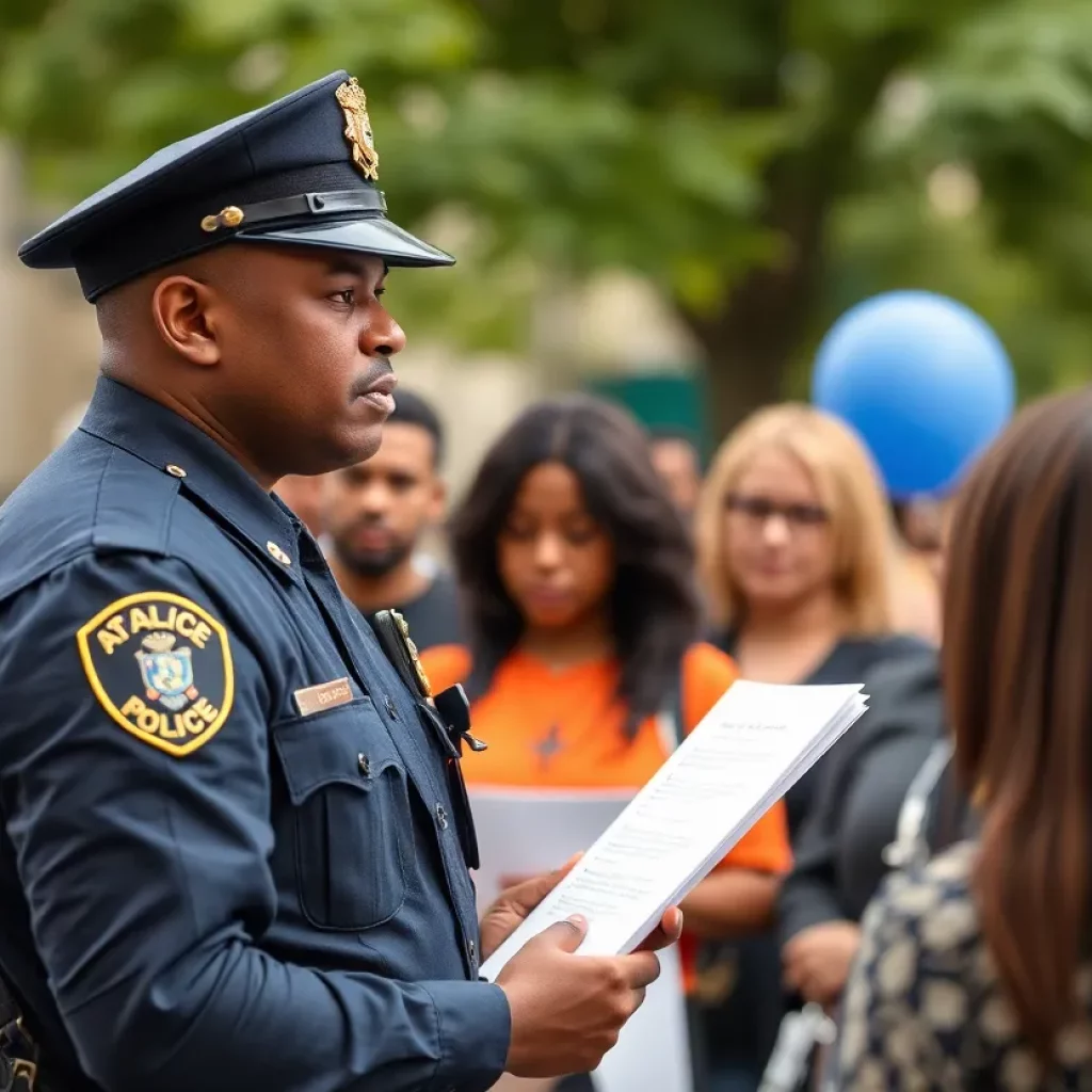 Atlanta police officer engaging with residents for information on an assault case.