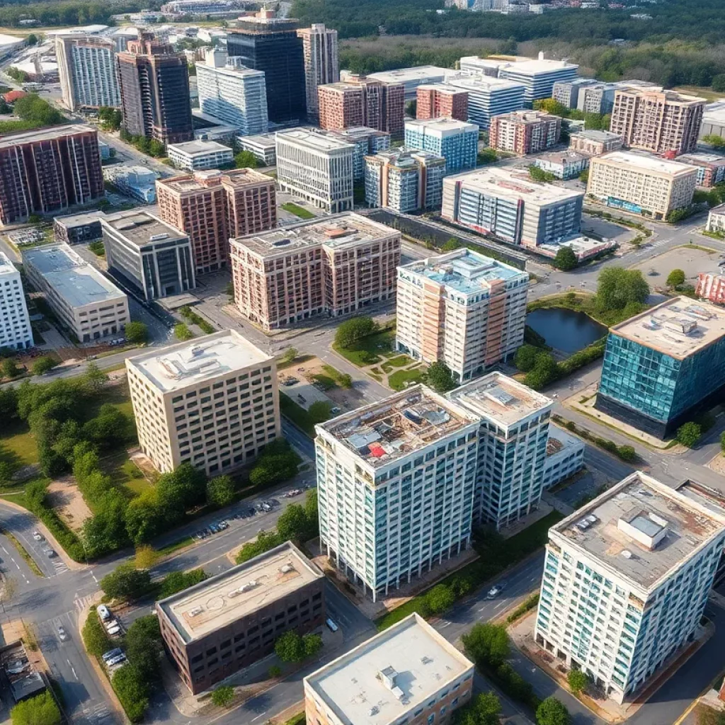 Aerial view of Atlanta's suburban office space undergoing transformation.