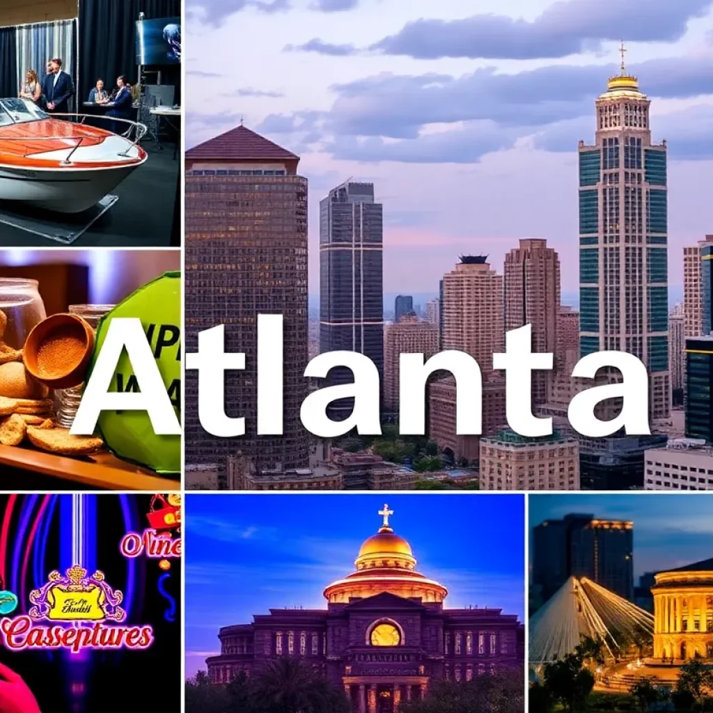 A collage representing various events in Atlanta, including a boat show, antique market, wildlife conservation, casino night, and travel expo.