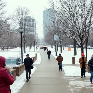 Cold winter scene in Atlanta with snow-covered trees