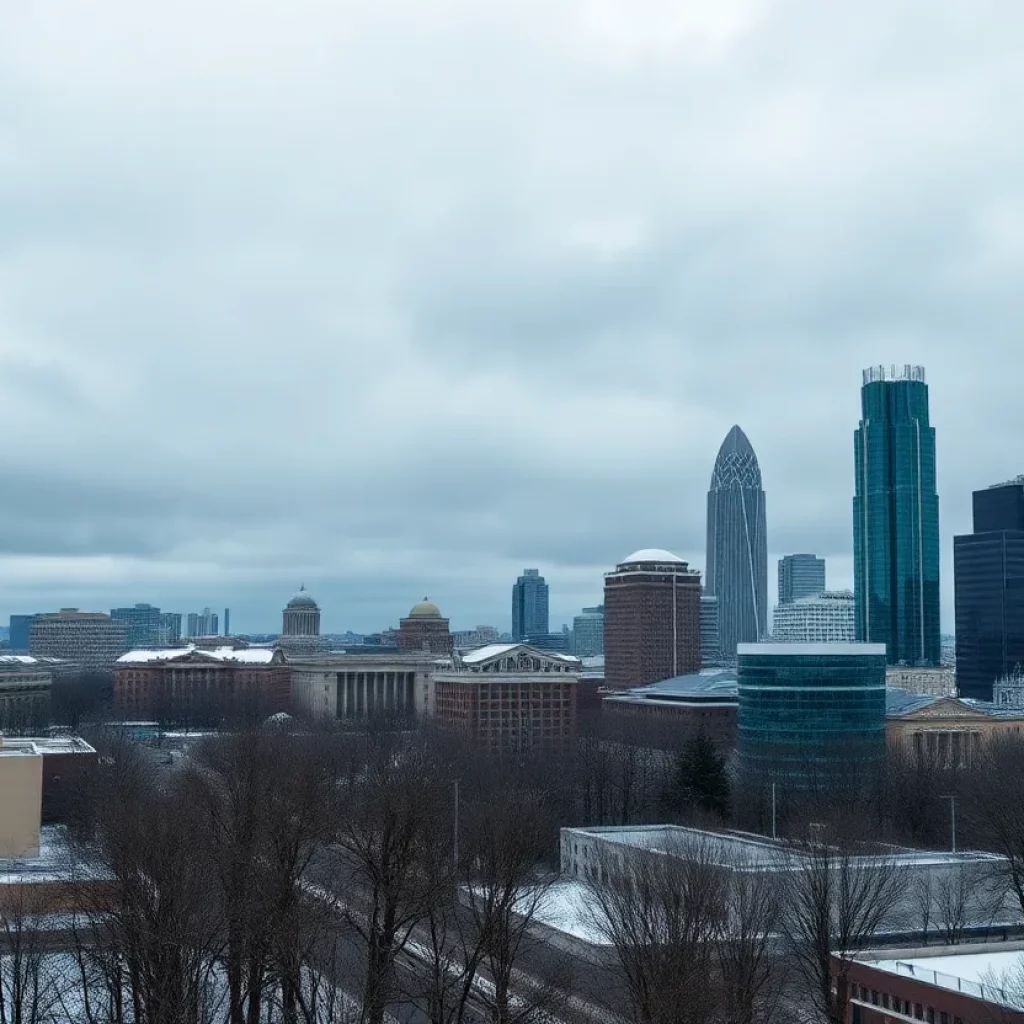 Winter weather in Atlanta, depicting an overcast sky with rain and snow.