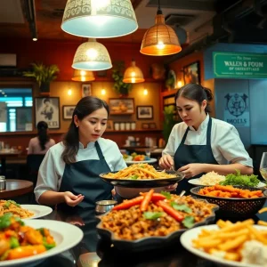 Diverse dishes and women chefs in an inviting restaurant atmosphere.