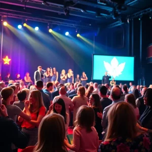 Ceremony for the 2024 BroadwayWorld Atlanta Awards with awards on display.