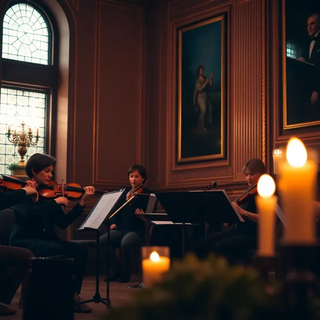 A string quartet performing in a candlelit venue in Atlanta