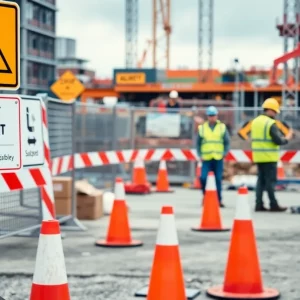 A busy construction site focusing on safety protocols and workers wearing protective gear.