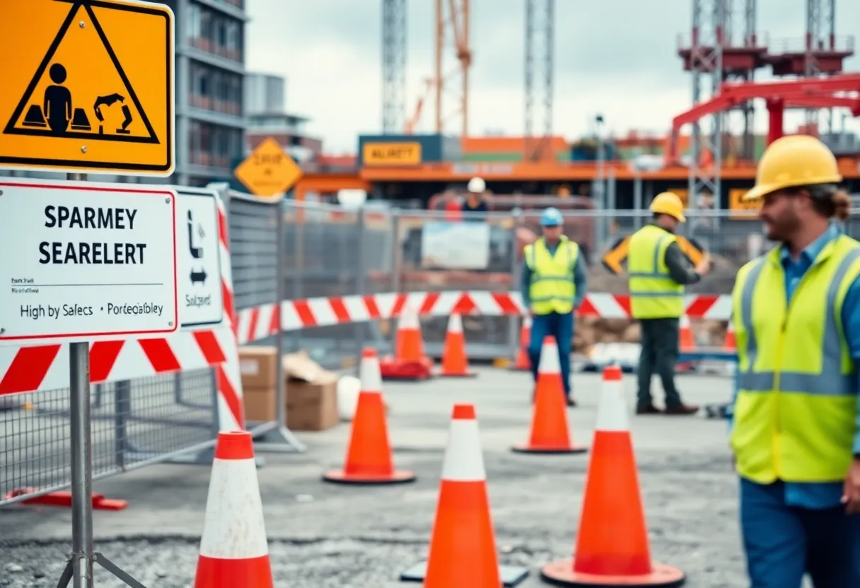 A busy construction site focusing on safety protocols and workers wearing protective gear.