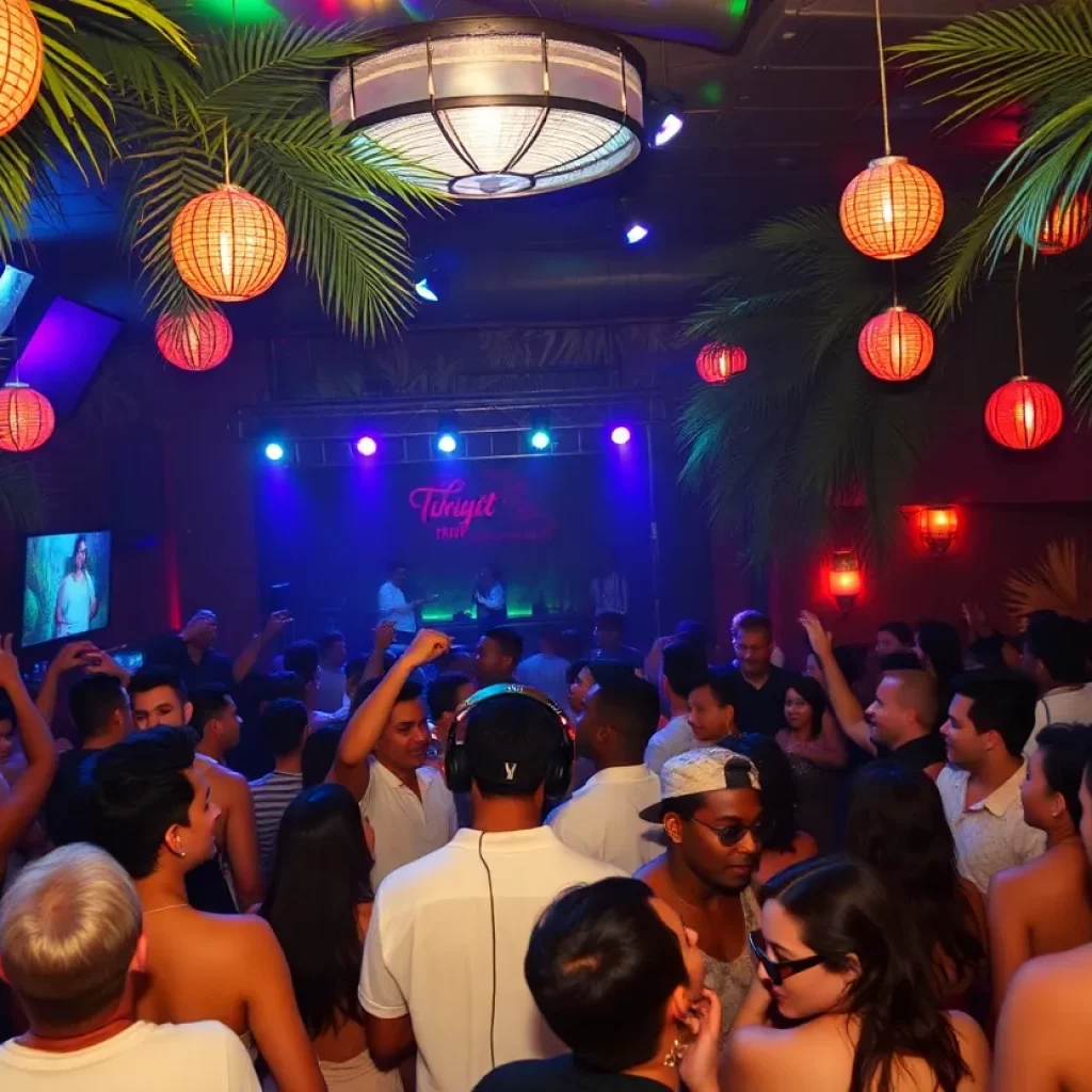 A lively scene from Copacabana nightclub in Atlanta with tropical decor and entertainment.