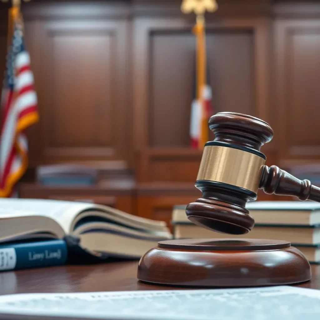 A gavel and legal books in a courtroom setting