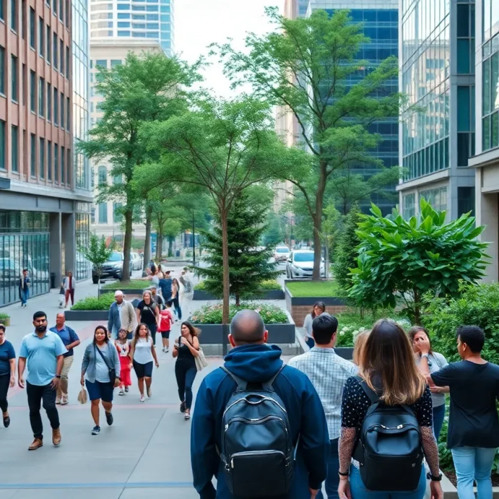 A view of a connected downtown Atlanta with green spaces and pedestrians.