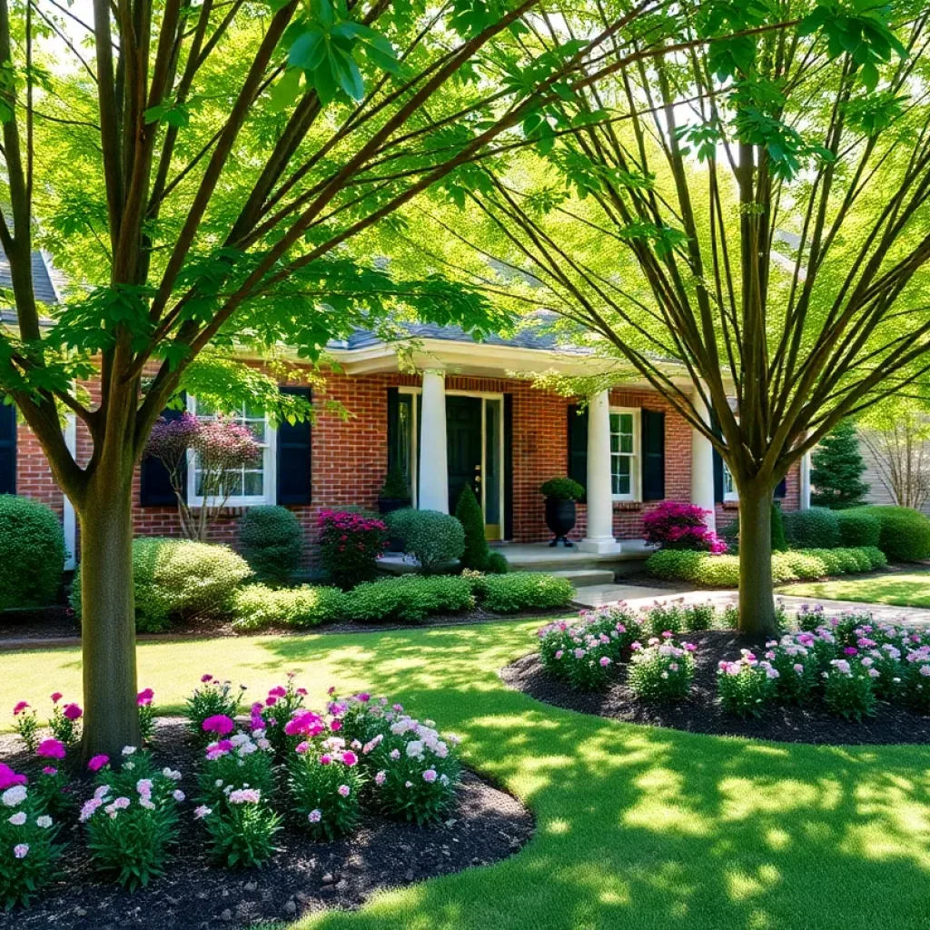 A front yard in Dunwoody with new shade trees and vibrant flowers.