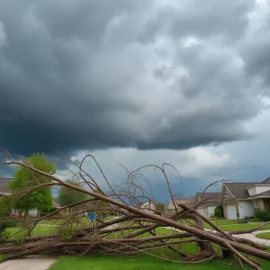 Scene showing storm-damaged area in Metro Atlanta with fallen trees after an EF-0 tornado.