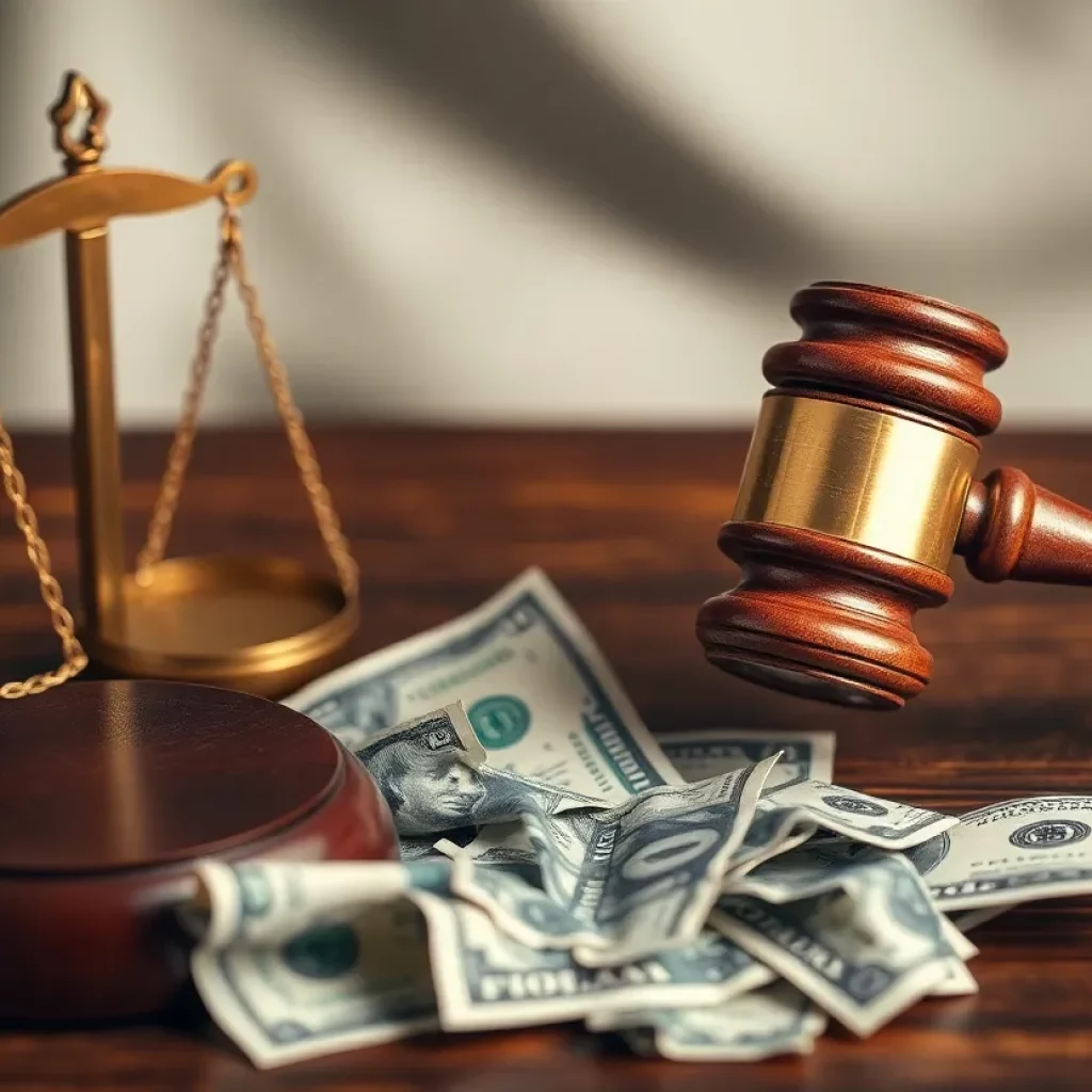 An abstract image symbolizing fraud and justice with a gavel and dollar bills.