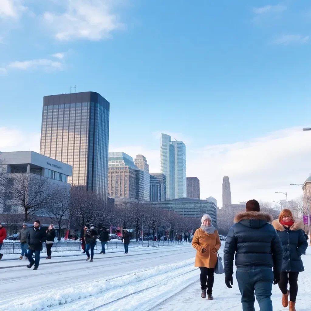 Atlanta skyline during a winter cold snap with people in warm clothing.