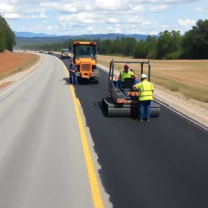 Construction workers resurfacing a road in Georgia