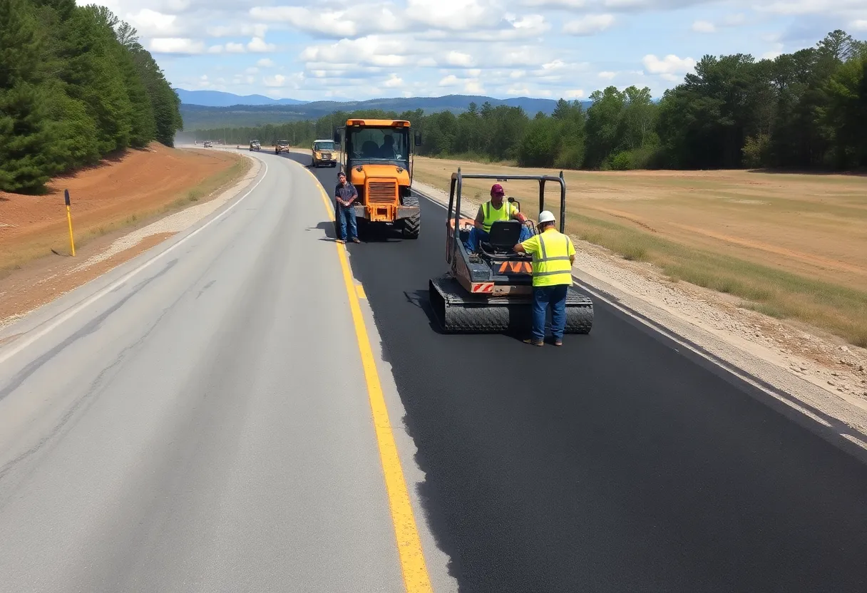 Construction workers resurfacing a road in Georgia