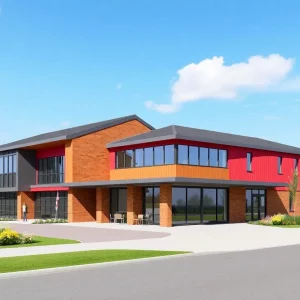 Rendering of Hearn Community Hub with library and fire station