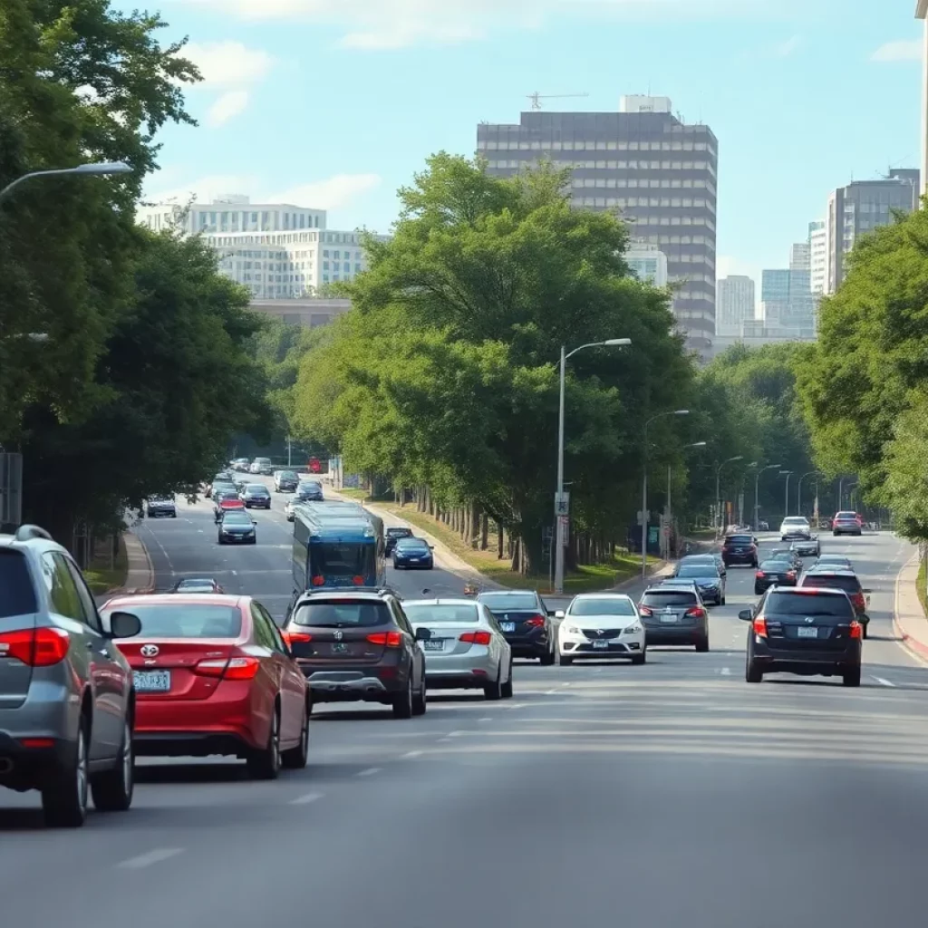 Aerial view of Lake Forrest Drive in Atlanta with traffic.