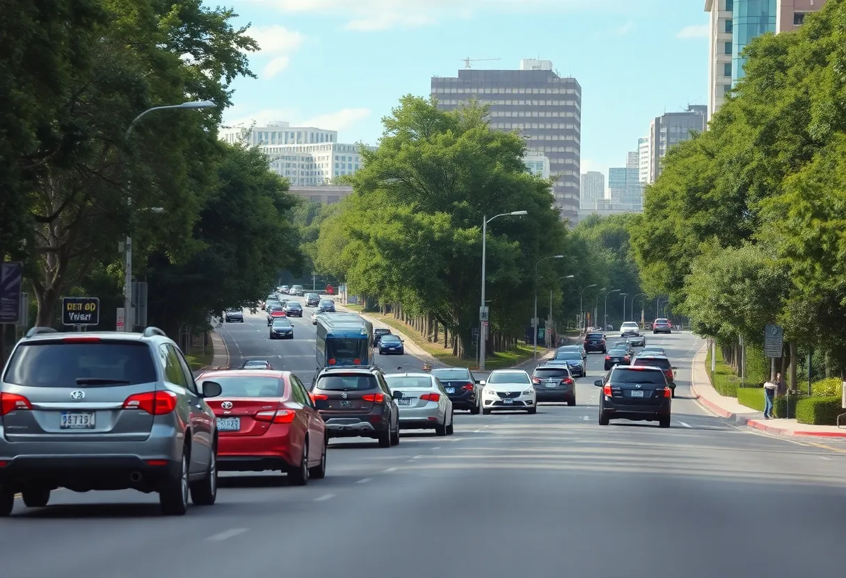 Aerial view of Lake Forrest Drive in Atlanta with traffic.