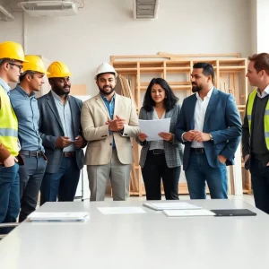 Construction professionals in a meeting discussing leadership changes