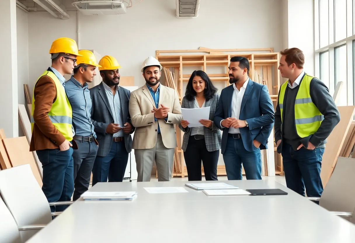 Construction professionals in a meeting discussing leadership changes