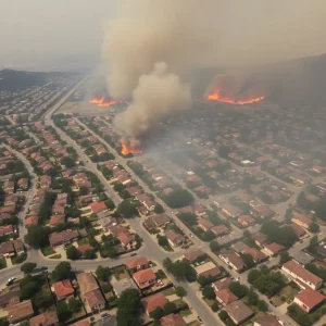 Aerial view of Los Angeles highlighting homes affected by wildfires and firefighters