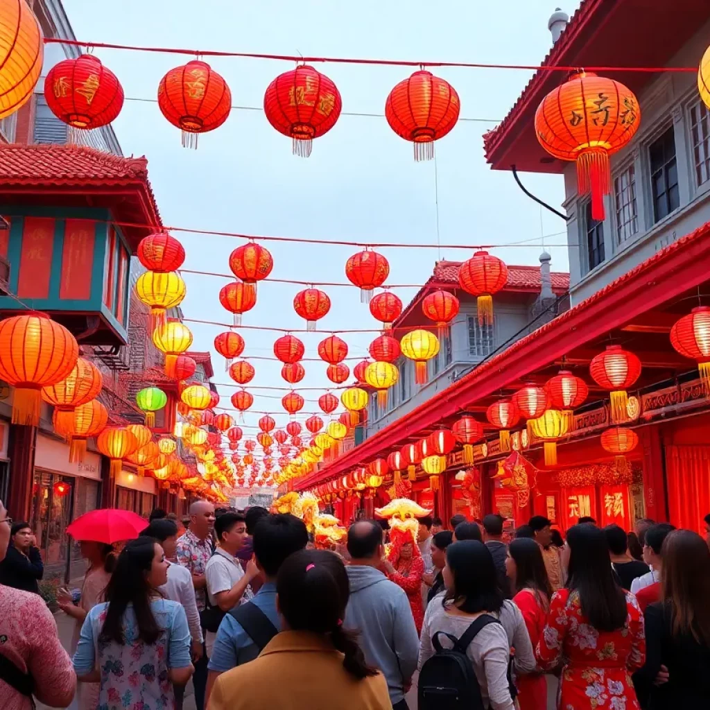 A lively Lunar New Year event in Atlanta with colorful decorations and festive atmosphere.