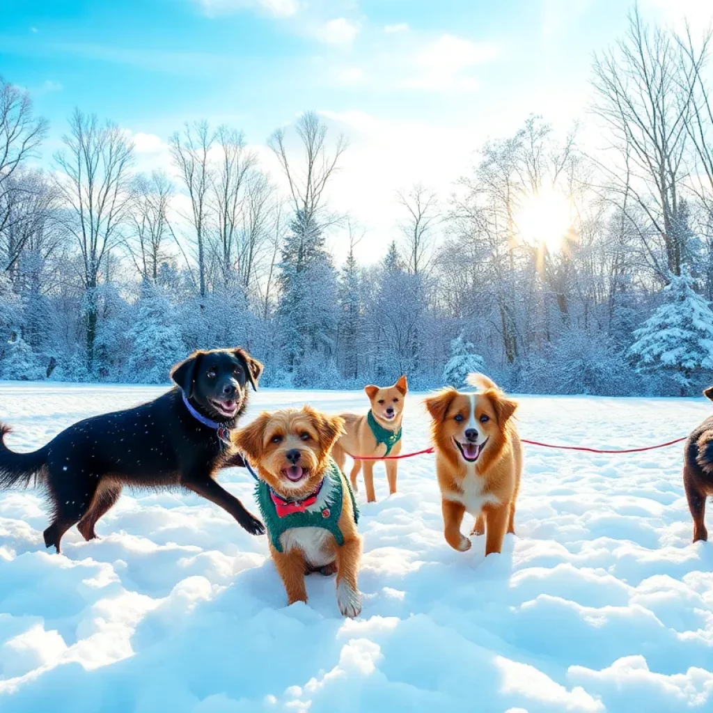 Pets playing joyfully in snowy landscape of Metro Atlanta