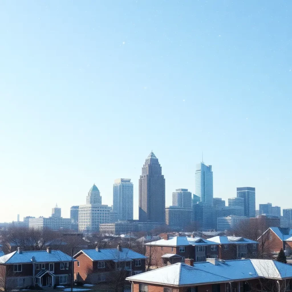 Snow falling on Metro Atlanta skyline during winter