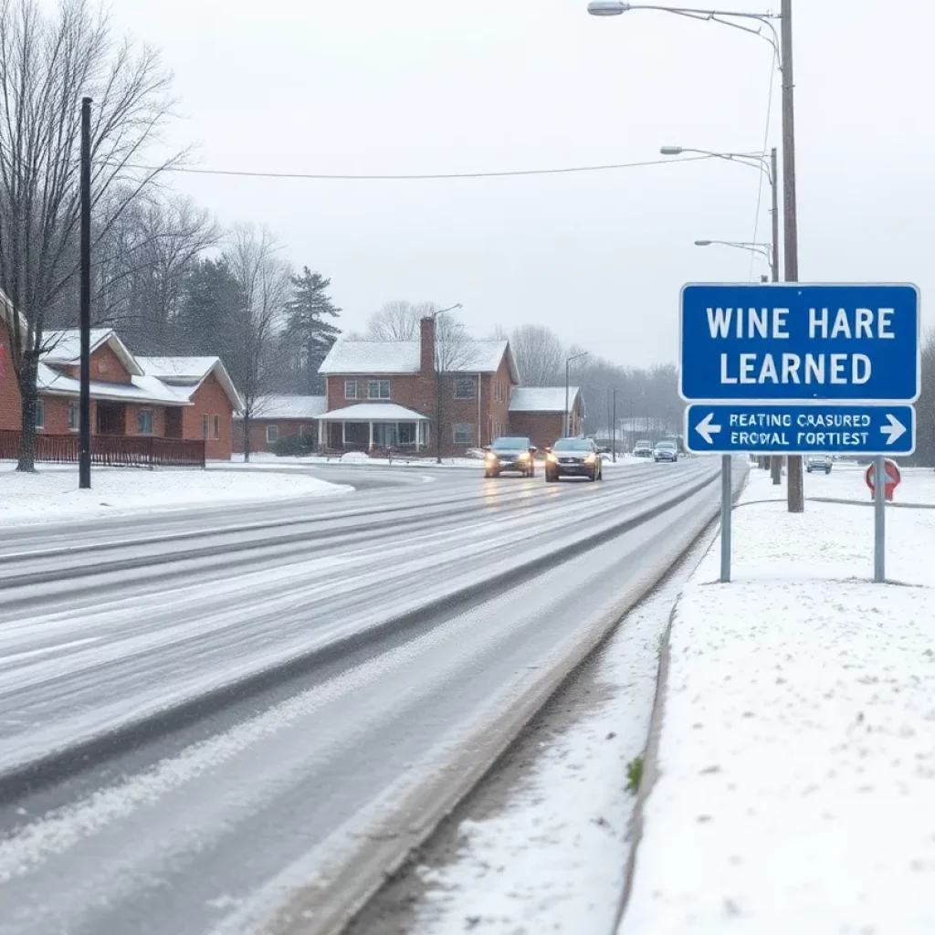 Icy roads and a school under snowfall in North Georgia