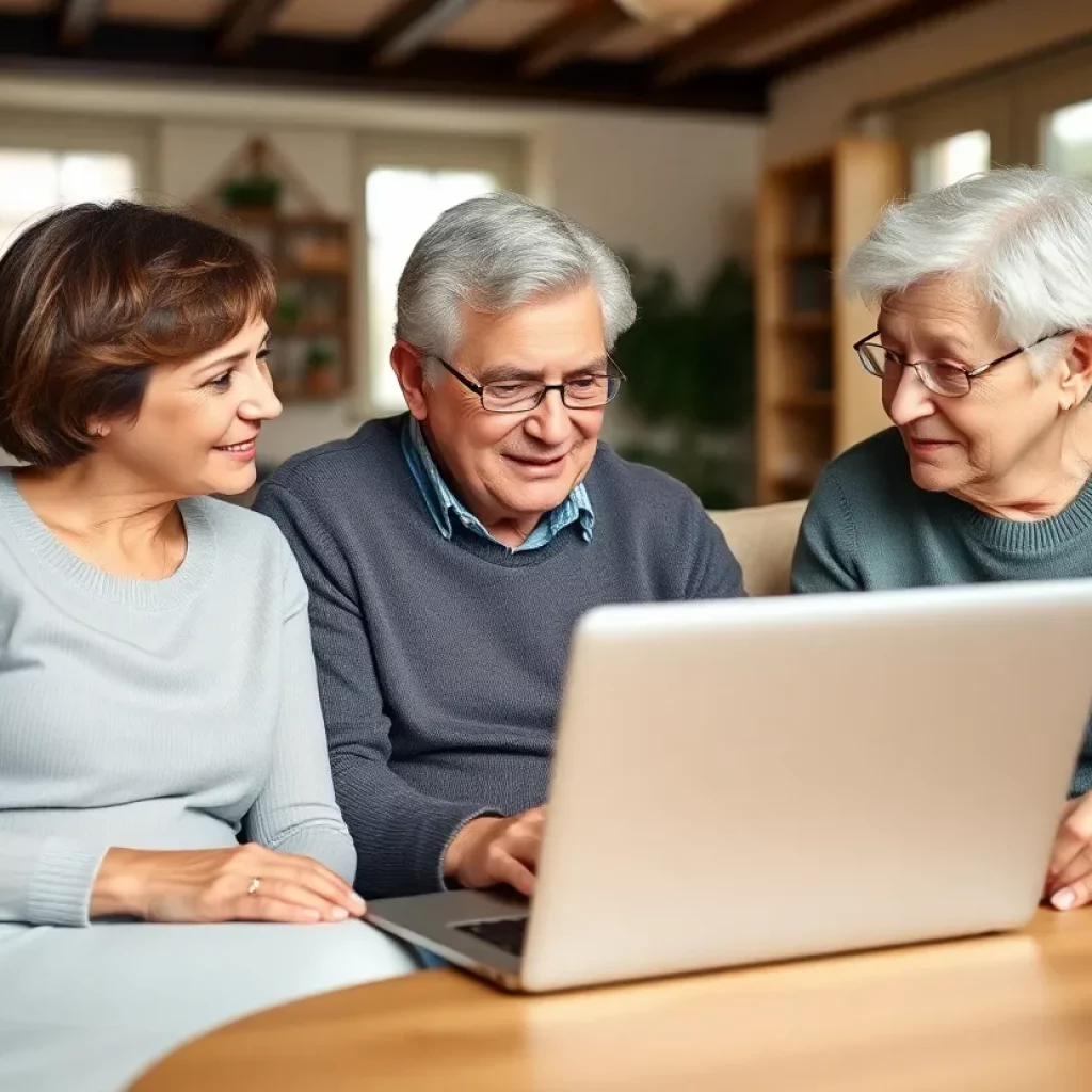 A family discussing elderly care options using Petunia tool