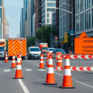 Road construction site in Central Savannah River Area with workers and vehicles.