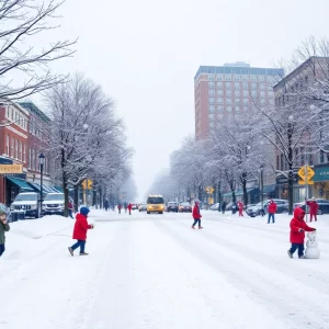 Children playing in the snow on a snowy day in Atlanta