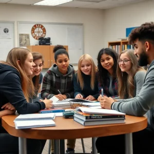 Group of diverse high school students engaging in journalism activities