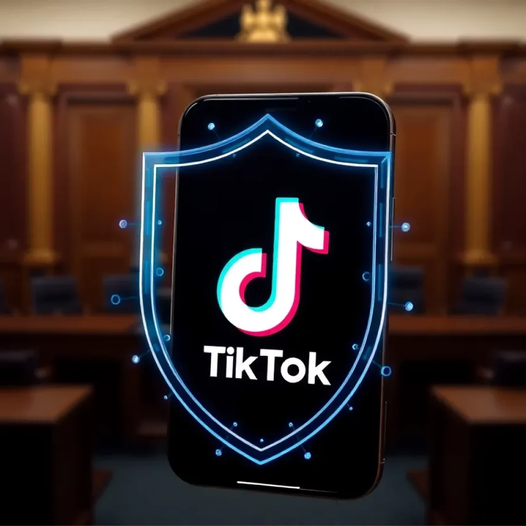 Illustration depicting smartphone with TikTok logo surrounded by a shield representing data privacy