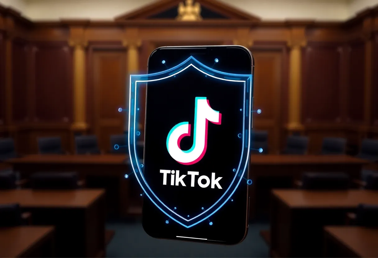 Illustration depicting smartphone with TikTok logo surrounded by a shield representing data privacy