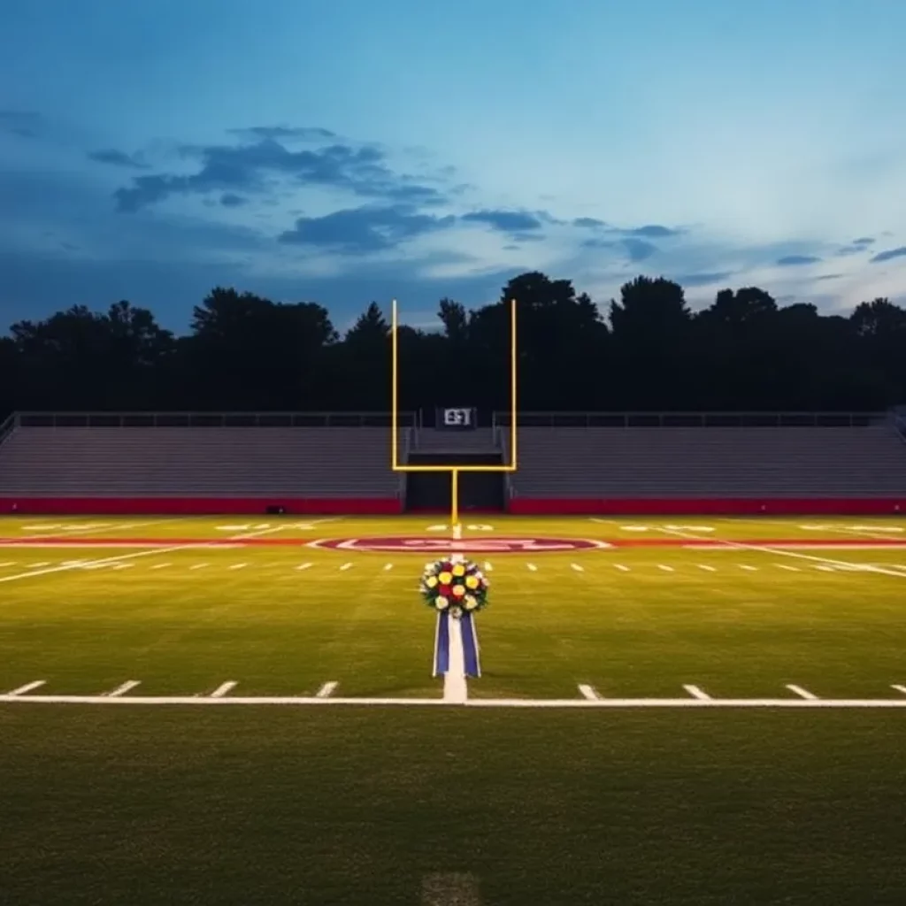 An empty football field with lights shining, symbolizing tribute.