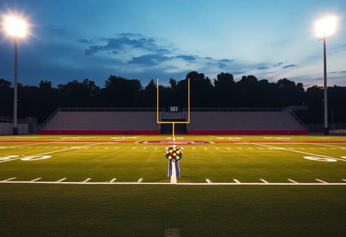 An empty football field with lights shining, symbolizing tribute.