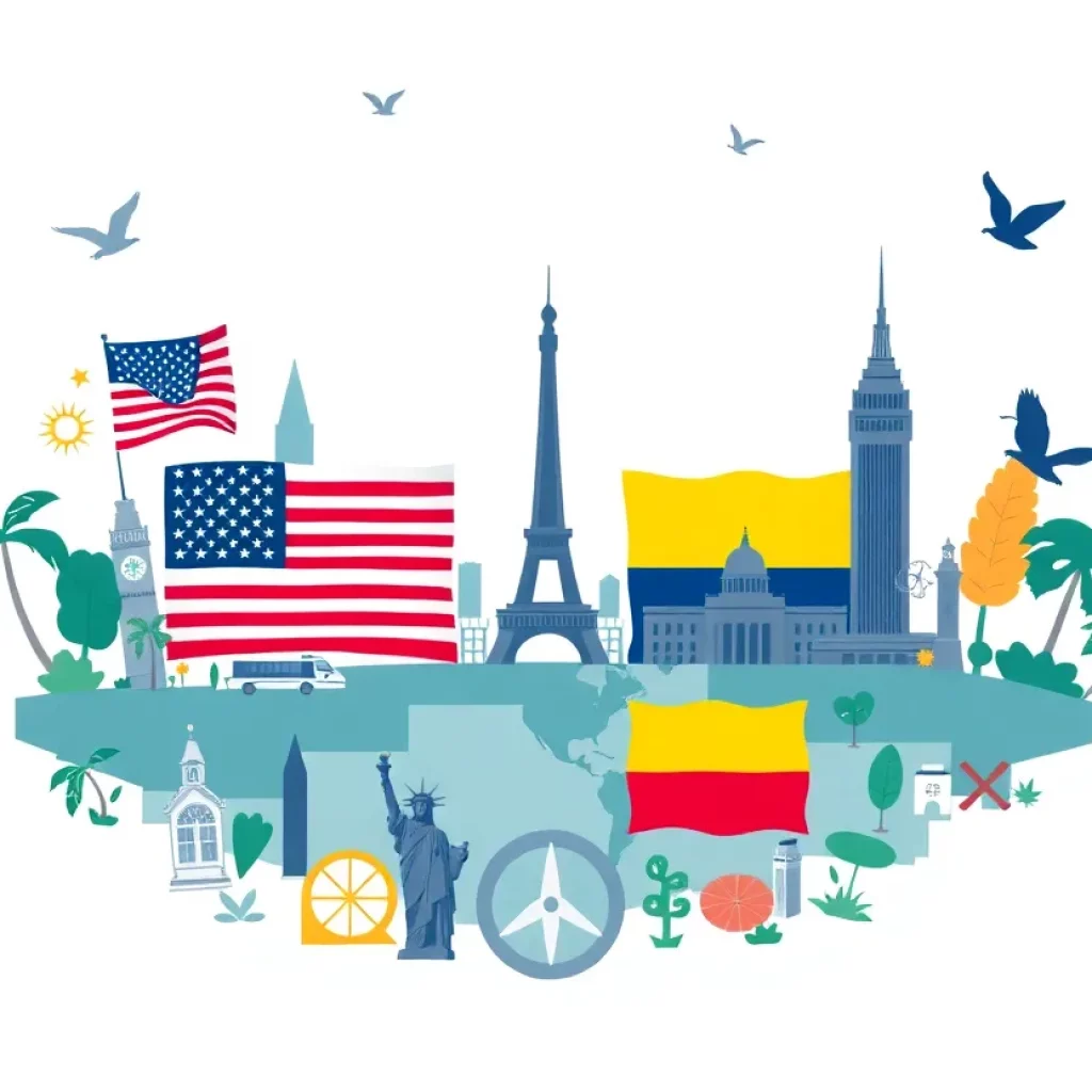 Illustration of the US and Colombia flags representing diplomatic agreement