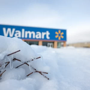 Walmart store surrounded by snow and ice during winter storm