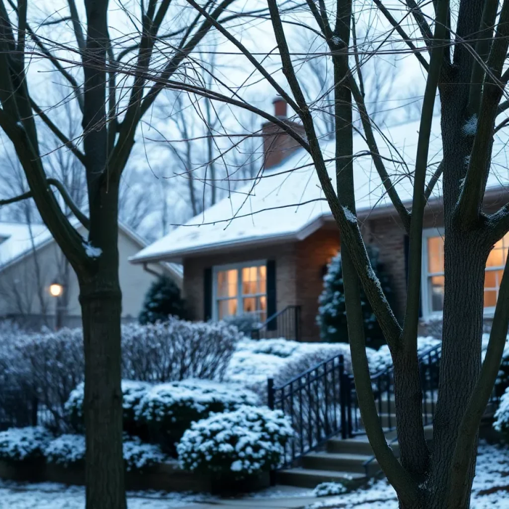 A winter scene depicting a neighborhood in Atlanta with bare trees and a hint of snow.