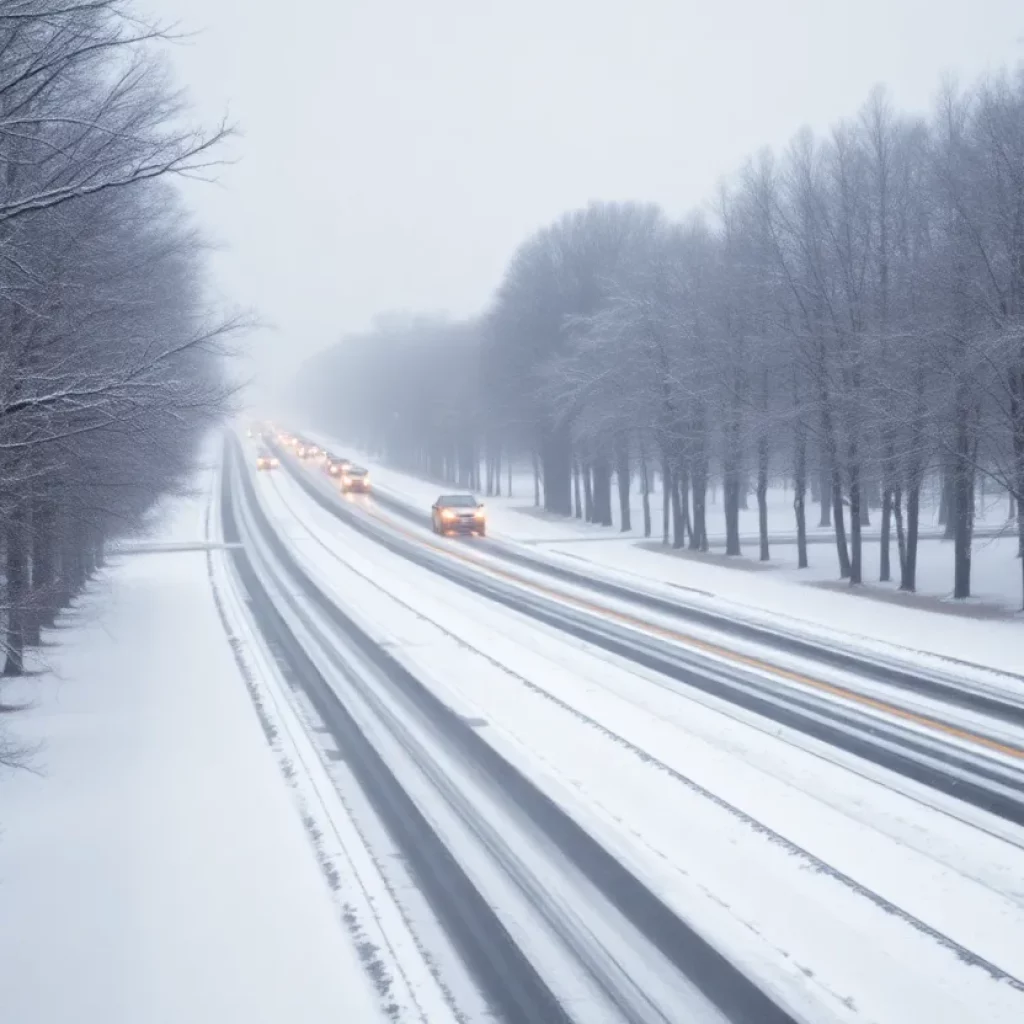 A picturesque snowy scene in Atlanta with light snow accumulation on trees and streets.