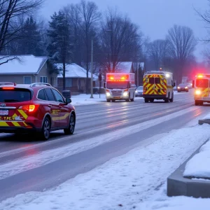 A wintery suburban street in Georgia with emergency vehicles preparing for a storm.