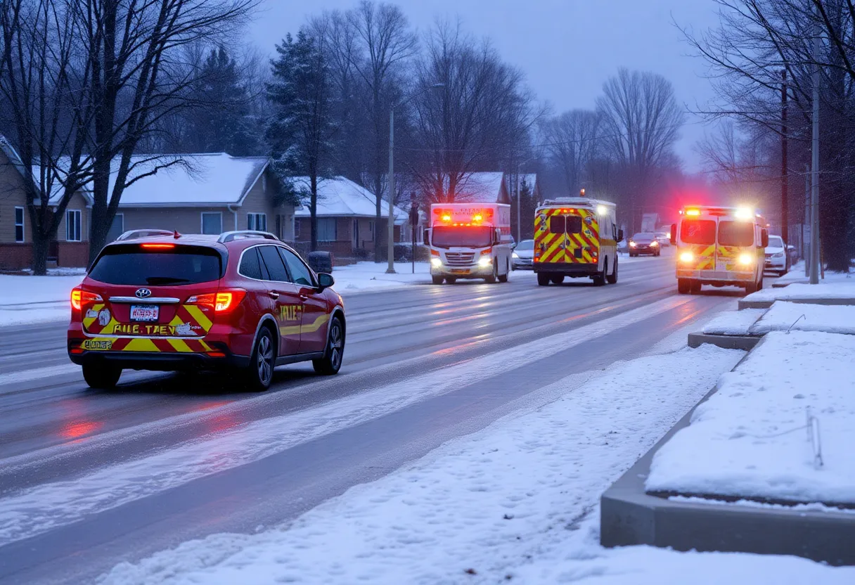 A wintery suburban street in Georgia with emergency vehicles preparing for a storm.