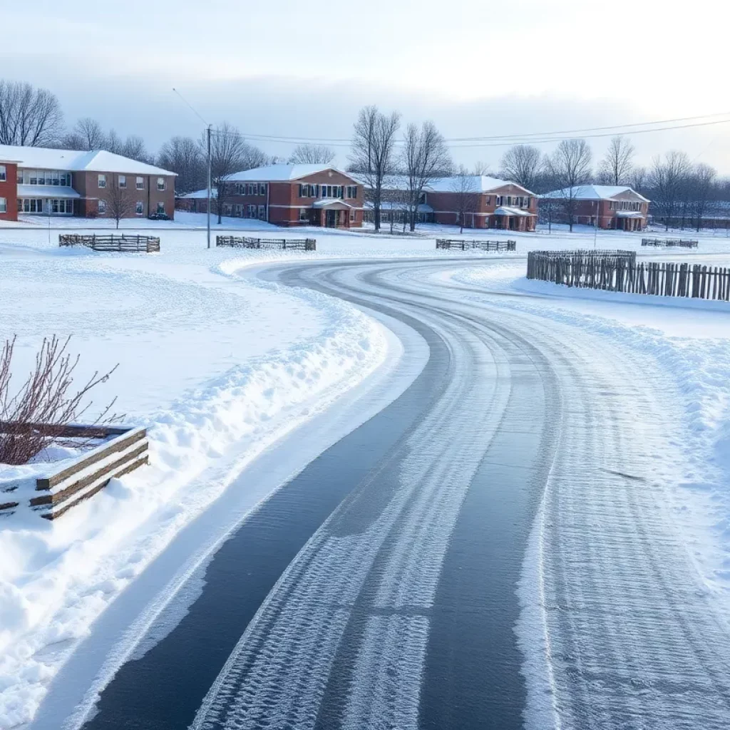 Snowy scene outside a school during a winter storm