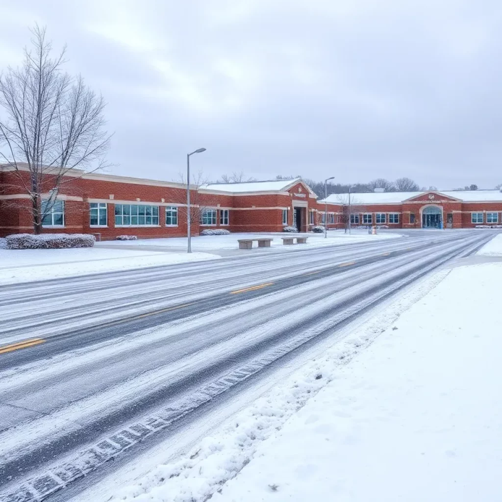 Icy roads and snowy school building in Georgia